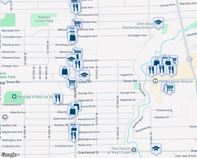 map of restaurants, bars, coffee shops, grocery stores, and more near 3210 Snow Road in Parma