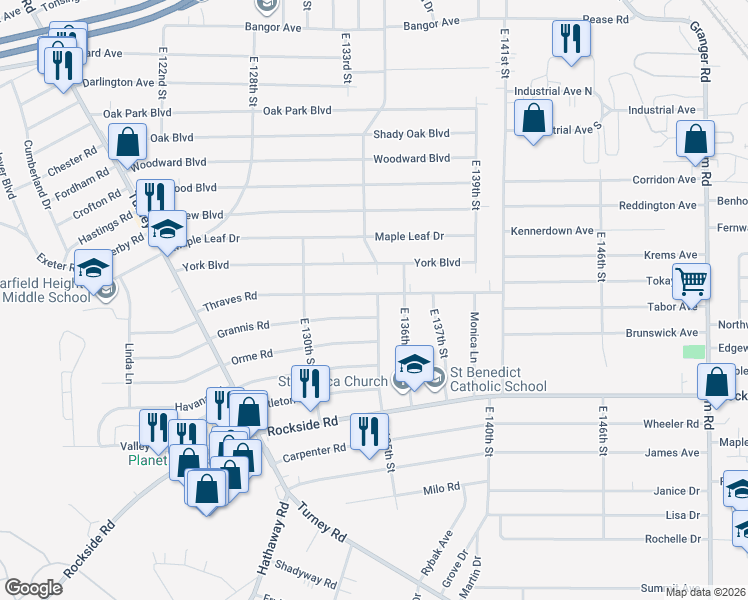 map of restaurants, bars, coffee shops, grocery stores, and more near 13416 Thraves Road in Garfield Heights