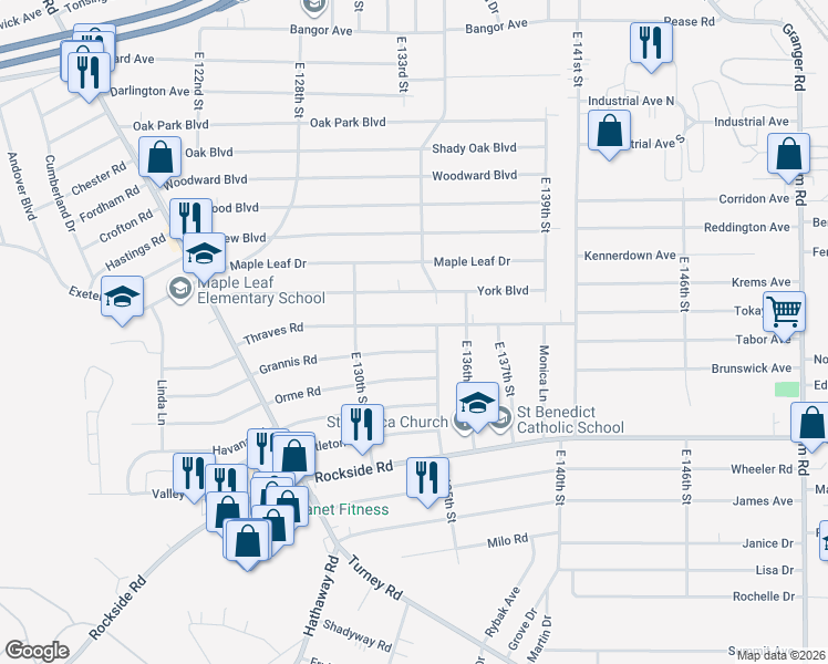 map of restaurants, bars, coffee shops, grocery stores, and more near 13215 Thraves Road in Cleveland