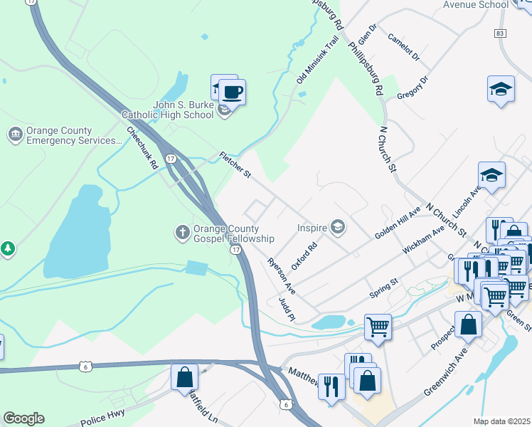 map of restaurants, bars, coffee shops, grocery stores, and more near 77 Fletcher Street in Goshen