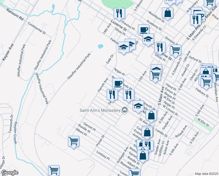 map of restaurants, bars, coffee shops, grocery stores, and more near 1424 Dartmouth Street in Scranton