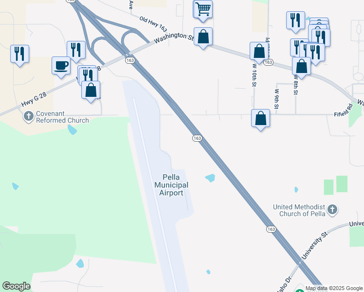 map of restaurants, bars, coffee shops, grocery stores, and more near 2121 Fifield Road in Pella