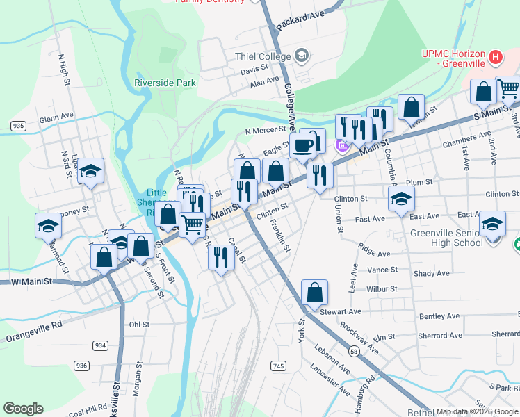 map of restaurants, bars, coffee shops, grocery stores, and more near 6 Franklin Street in Greenville