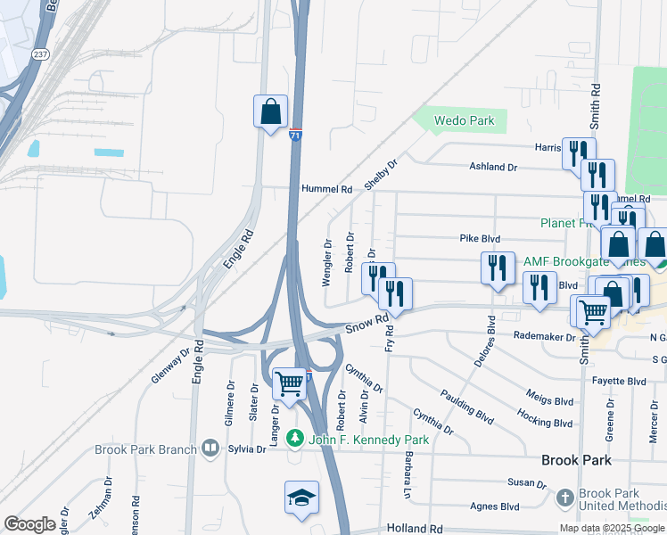 map of restaurants, bars, coffee shops, grocery stores, and more near 5787 Wengler Drive in Brook Park