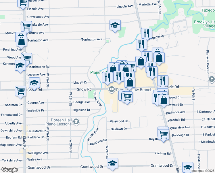 map of restaurants, bars, coffee shops, grocery stores, and more near 2220 Snow Road in Parma
