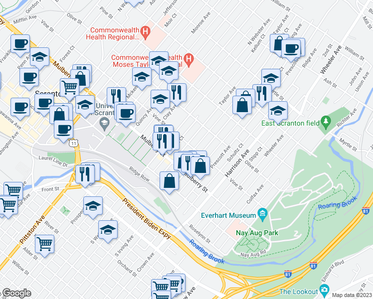 map of restaurants, bars, coffee shops, grocery stores, and more near 442 Taylor Avenue in Scranton