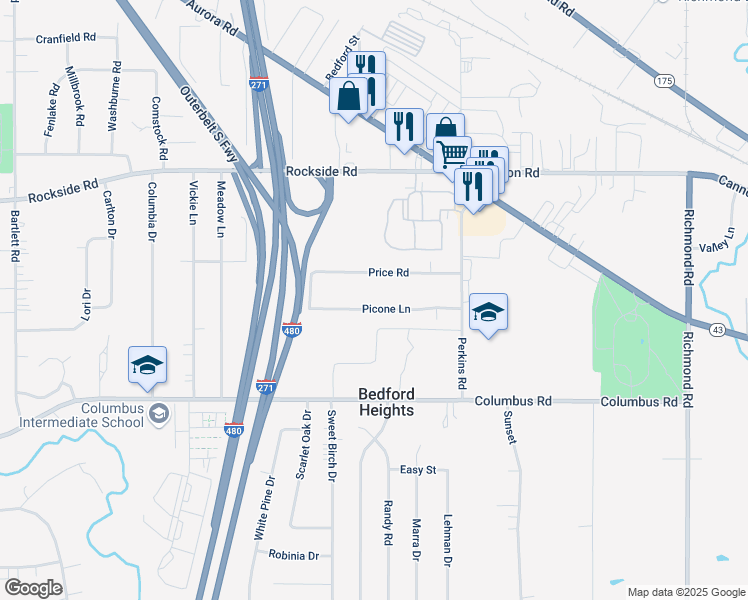 map of restaurants, bars, coffee shops, grocery stores, and more near 24980 Price Road in Bedford Heights