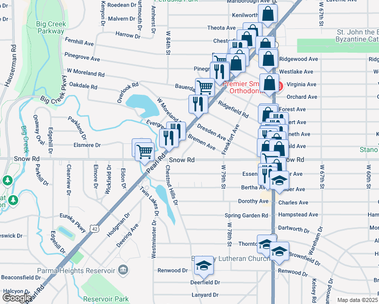 map of restaurants, bars, coffee shops, grocery stores, and more near 5727 Bavaria Avenue in Parma