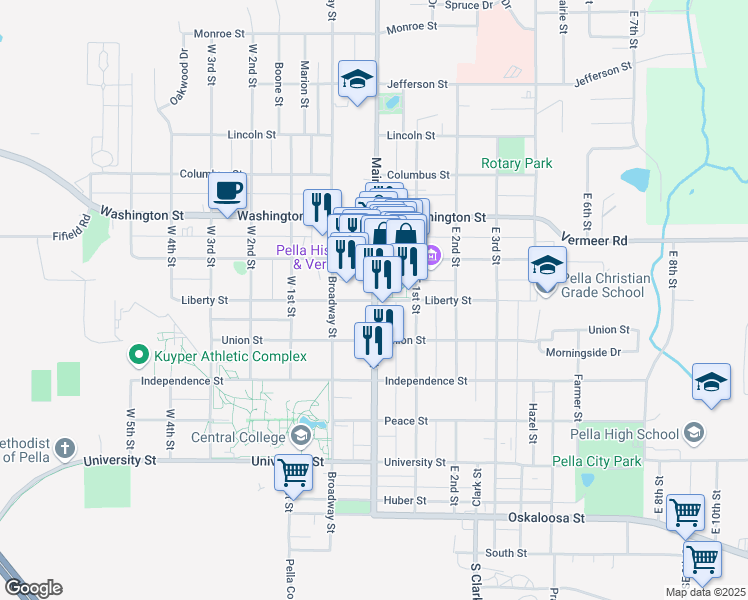 map of restaurants, bars, coffee shops, grocery stores, and more near 717 Main Street in Pella