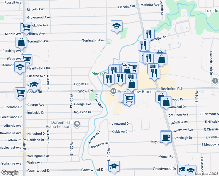 map of restaurants, bars, coffee shops, grocery stores, and more near 2220 Snow Rd in Parma