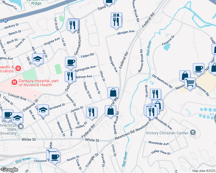 map of restaurants, bars, coffee shops, grocery stores, and more near 13 Olive Street in Danbury