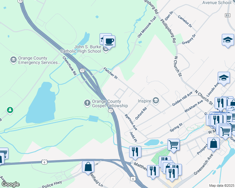 map of restaurants, bars, coffee shops, grocery stores, and more near 200 Wood Hills Drive in Goshen