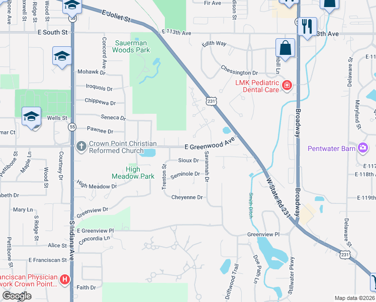 map of restaurants, bars, coffee shops, grocery stores, and more near 1205 East Greenwood Avenue in Crown Point