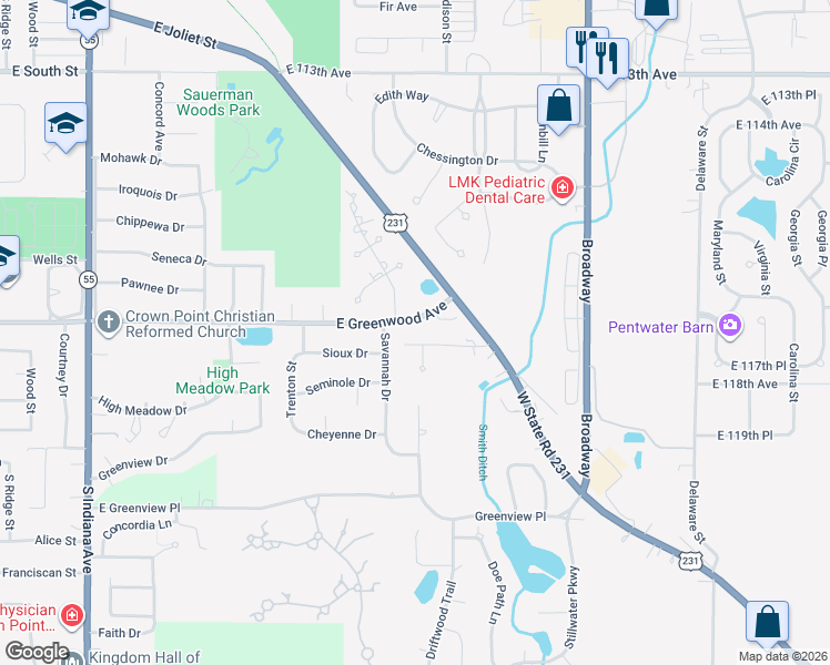 map of restaurants, bars, coffee shops, grocery stores, and more near 1140 E Greenwood Ave in Crown Point