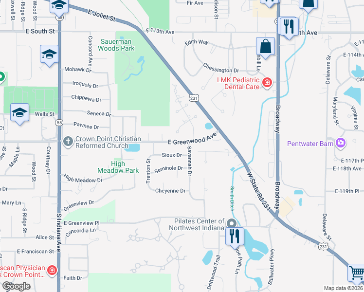 map of restaurants, bars, coffee shops, grocery stores, and more near 655 Morningside Dr in Crown Point