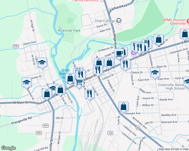 map of restaurants, bars, coffee shops, grocery stores, and more near Pennsylvania 18 in Greenville