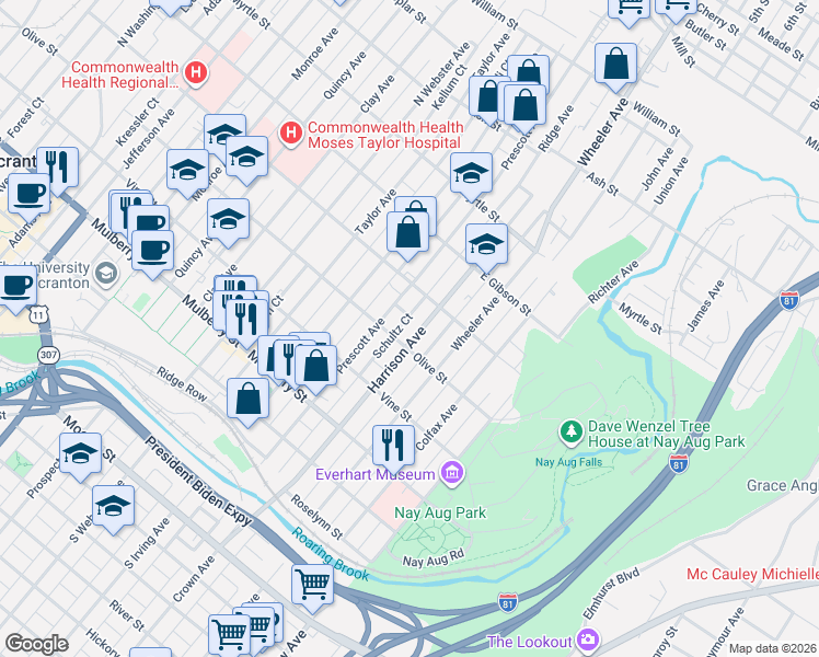 map of restaurants, bars, coffee shops, grocery stores, and more near 622 Prescott Avenue in Scranton