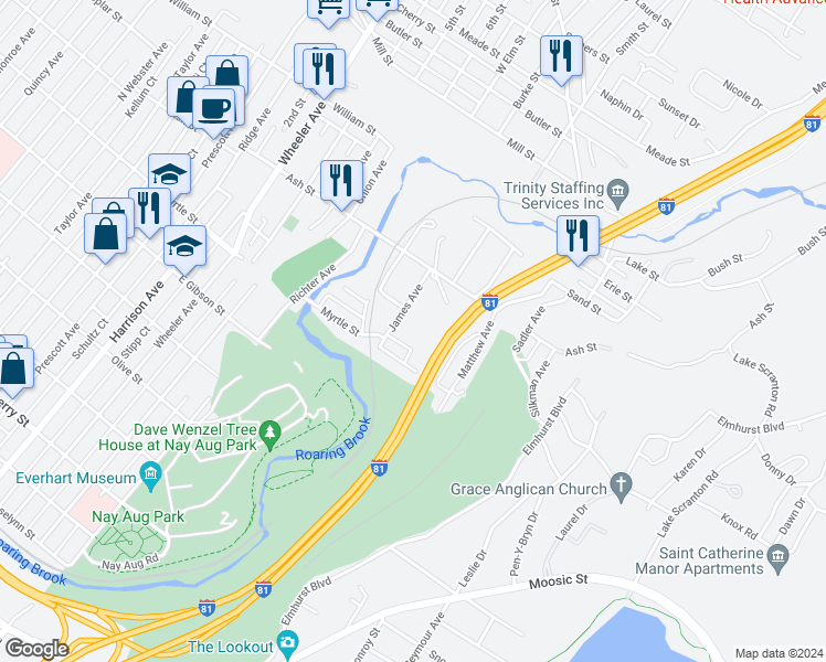 map of restaurants, bars, coffee shops, grocery stores, and more near 931 James Avenue in Scranton