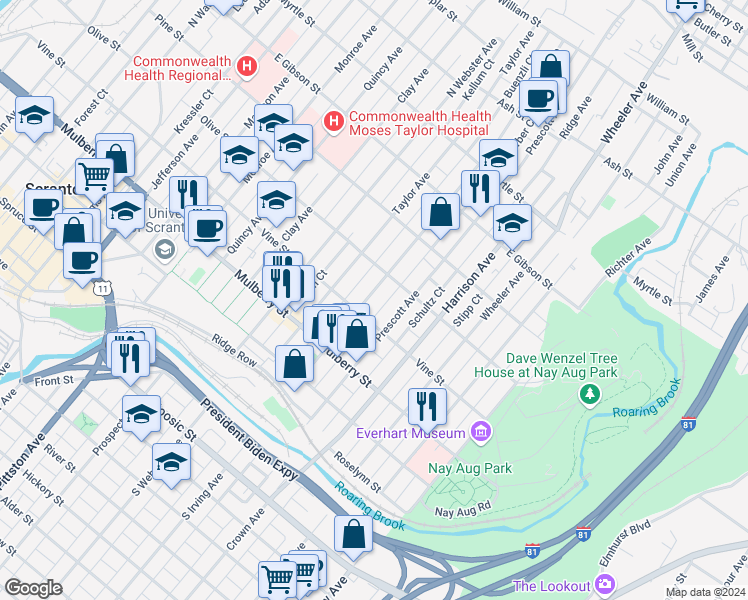 map of restaurants, bars, coffee shops, grocery stores, and more near 519 Buenzli Court in Scranton