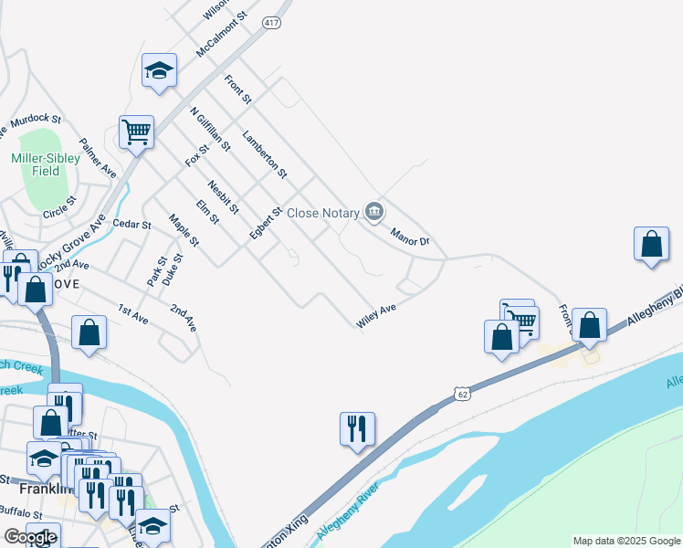 map of restaurants, bars, coffee shops, grocery stores, and more near 425 North Gilfillan Street in Franklin