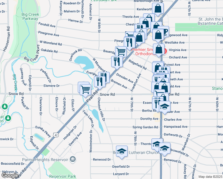 map of restaurants, bars, coffee shops, grocery stores, and more near 5727 Bavaria Avenue in Parma