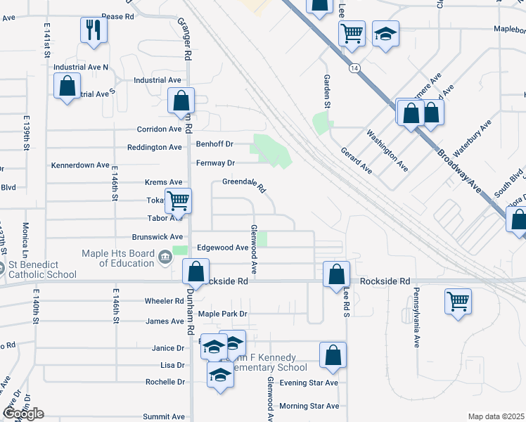 map of restaurants, bars, coffee shops, grocery stores, and more near 15709 Wingate Road in Maple Heights