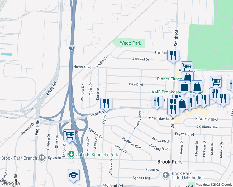 map of restaurants, bars, coffee shops, grocery stores, and more near 16210 Remora Boulevard in Brook Park