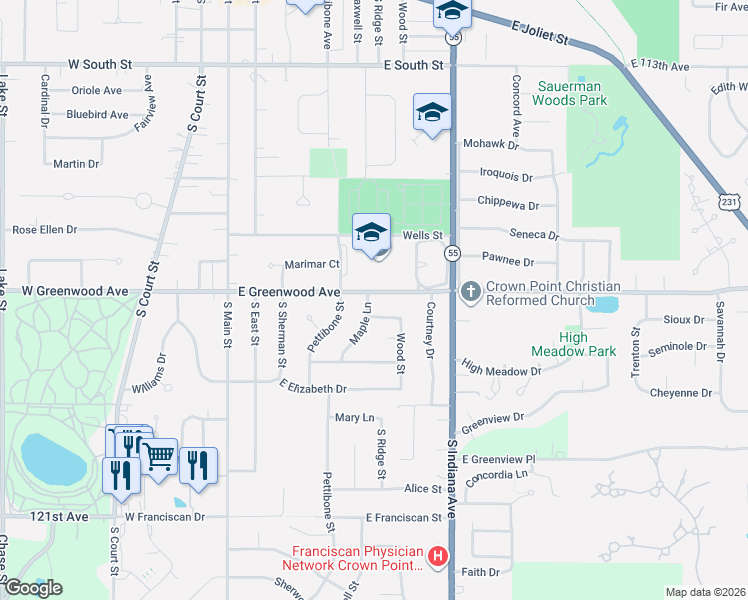 map of restaurants, bars, coffee shops, grocery stores, and more near 312 East Greenwood Avenue in Crown Point