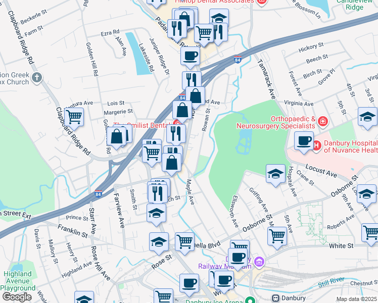 map of restaurants, bars, coffee shops, grocery stores, and more near 53 North Street in Danbury