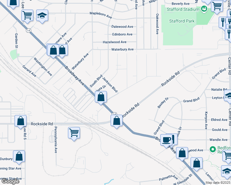 map of restaurants, bars, coffee shops, grocery stores, and more near 59 Greencroft Road in Bedford