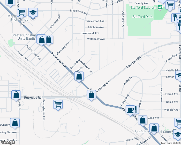 map of restaurants, bars, coffee shops, grocery stores, and more near 52 Jackson Boulevard in Bedford