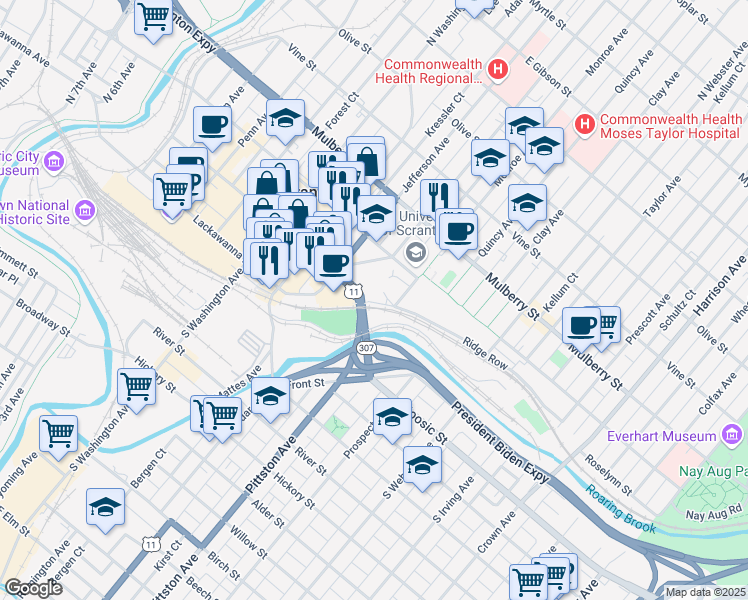 map of restaurants, bars, coffee shops, grocery stores, and more near 903 Mulberry Street in Scranton