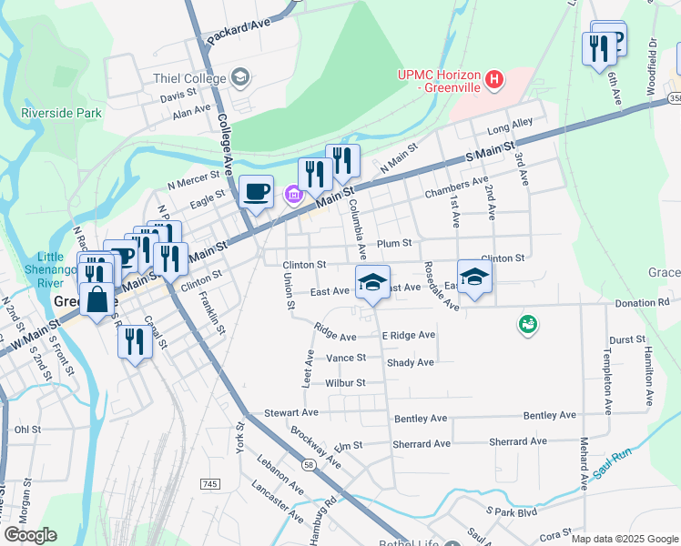 map of restaurants, bars, coffee shops, grocery stores, and more near 228 Clinton Street in Greenville