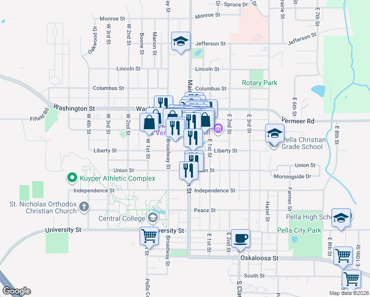 map of restaurants, bars, coffee shops, grocery stores, and more near 725 Franklin Street in Pella