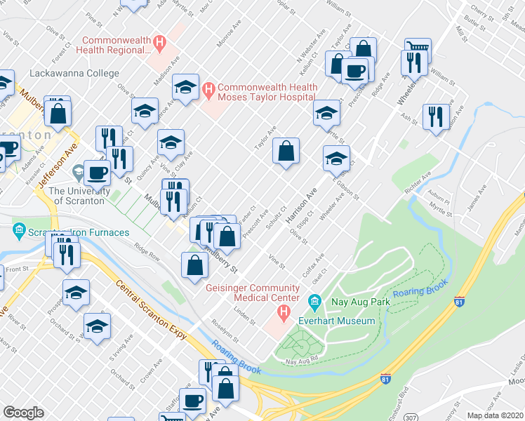 map of restaurants, bars, coffee shops, grocery stores, and more near 548 North Irving Avenue in Scranton