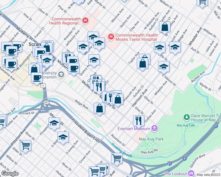 map of restaurants, bars, coffee shops, grocery stores, and more near 1219 Vine Street in Scranton