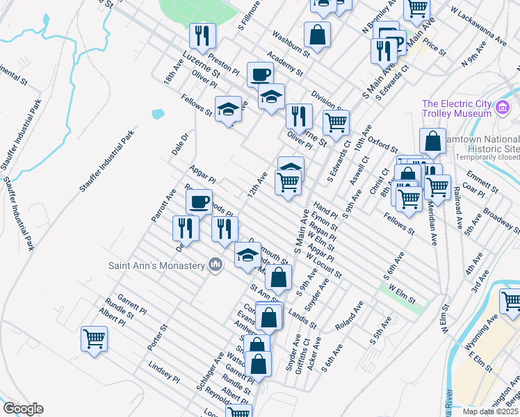 map of restaurants, bars, coffee shops, grocery stores, and more near 1170 West Elm Street in Scranton