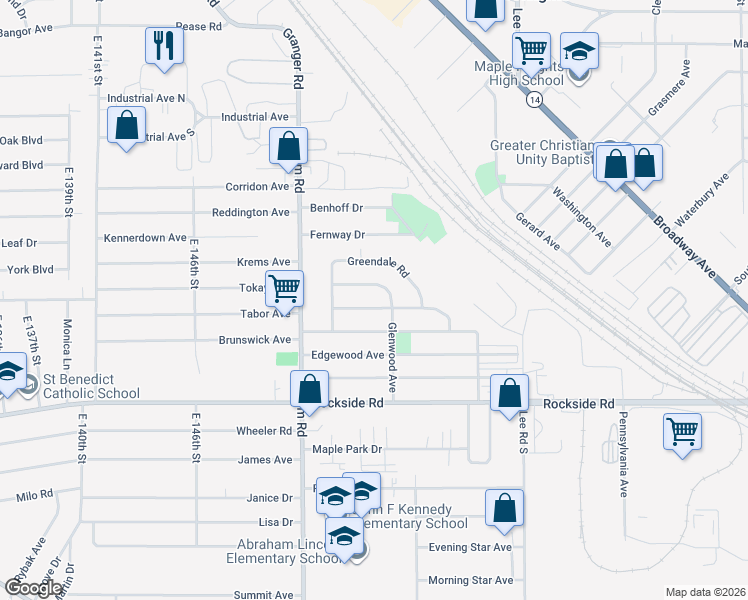 map of restaurants, bars, coffee shops, grocery stores, and more near 15605 Glenwood Avenue in Maple Heights