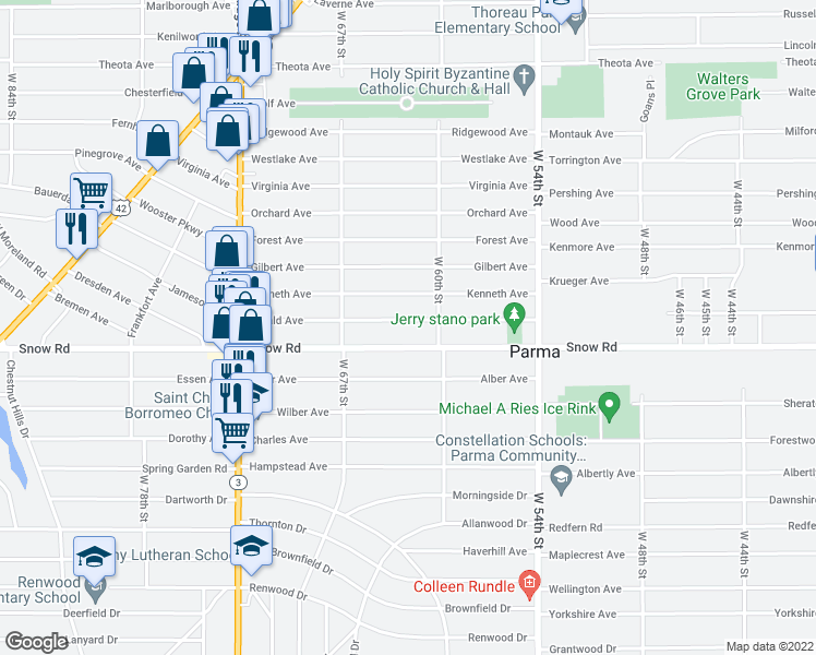 map of restaurants, bars, coffee shops, grocery stores, and more near 6106 Gerald Avenue in Parma