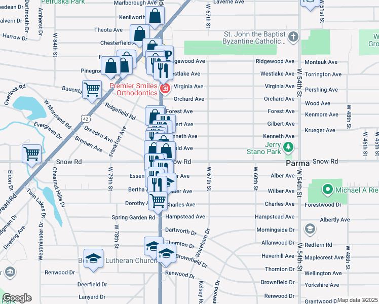 map of restaurants, bars, coffee shops, grocery stores, and more near 6902 Gerald Avenue in Parma