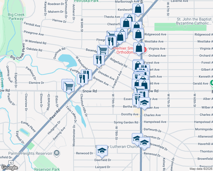 map of restaurants, bars, coffee shops, grocery stores, and more near 7926 Bremen Avenue in Parma