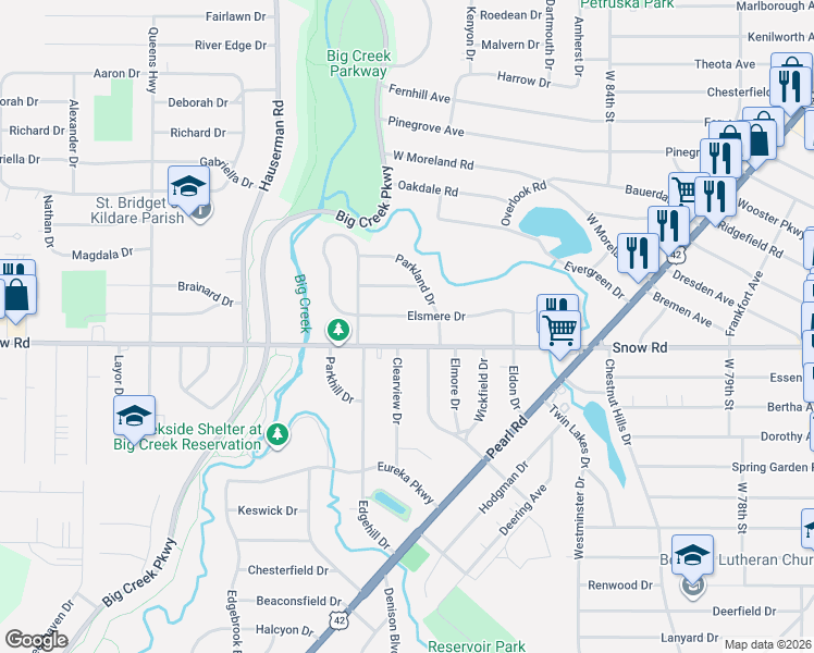 map of restaurants, bars, coffee shops, grocery stores, and more near 9516 Elsmere Drive in Parma
