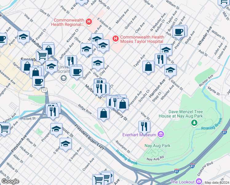 map of restaurants, bars, coffee shops, grocery stores, and more near 448 Taylor Avenue in Scranton