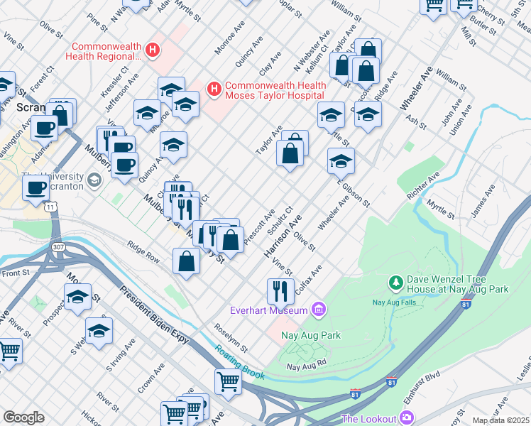 map of restaurants, bars, coffee shops, grocery stores, and more near 545 Prescott Avenue in Scranton