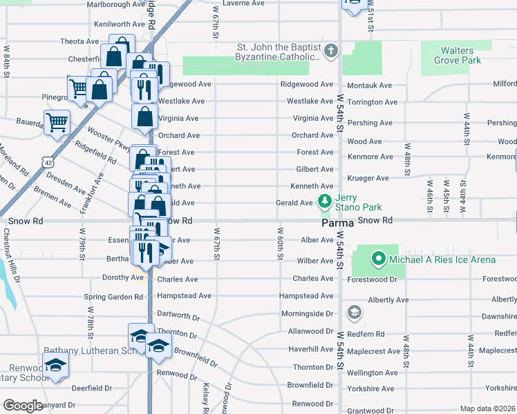 map of restaurants, bars, coffee shops, grocery stores, and more near 6106 Gerald Avenue in Parma