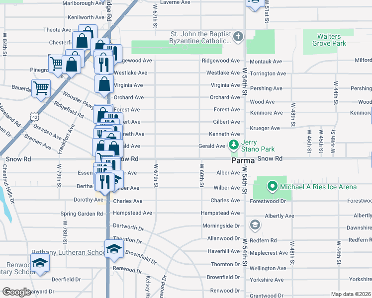 map of restaurants, bars, coffee shops, grocery stores, and more near 6207 Gerald Avenue in Parma