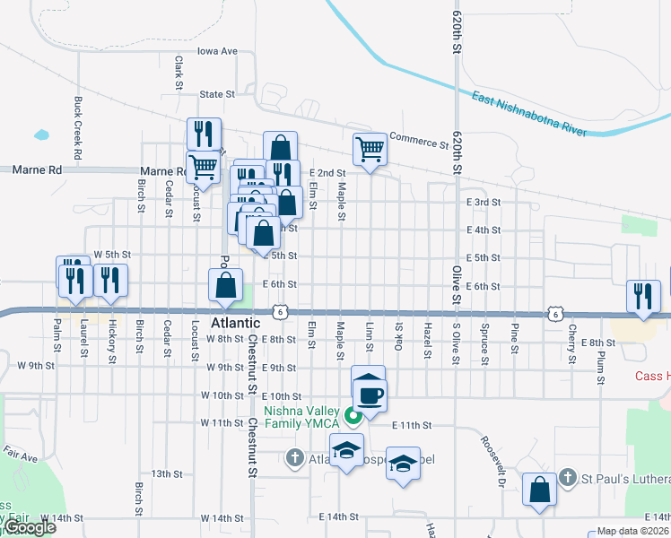 map of restaurants, bars, coffee shops, grocery stores, and more near 301 East 5th Street in Atlantic
