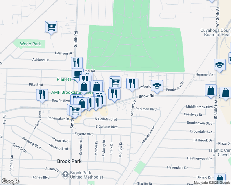 map of restaurants, bars, coffee shops, grocery stores, and more near 14650 Snow Road in Brook Park