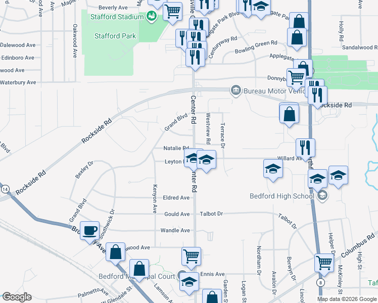 map of restaurants, bars, coffee shops, grocery stores, and more near 426 Center Road in Bedford
