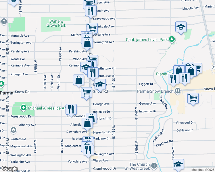 map of restaurants, bars, coffee shops, grocery stores, and more near 3326 Liggett Drive in Parma